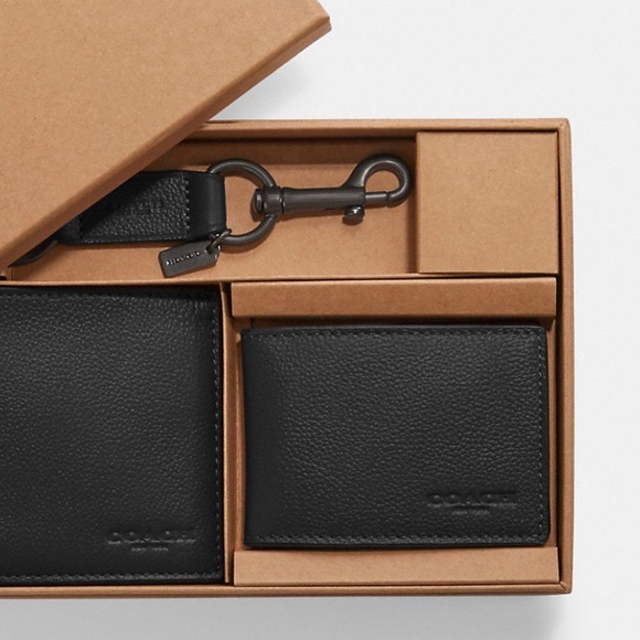 Coach Men's Compact ID Black Leather Wallet With Key Fob F64118 in Gift Box - Picture 2 of 7